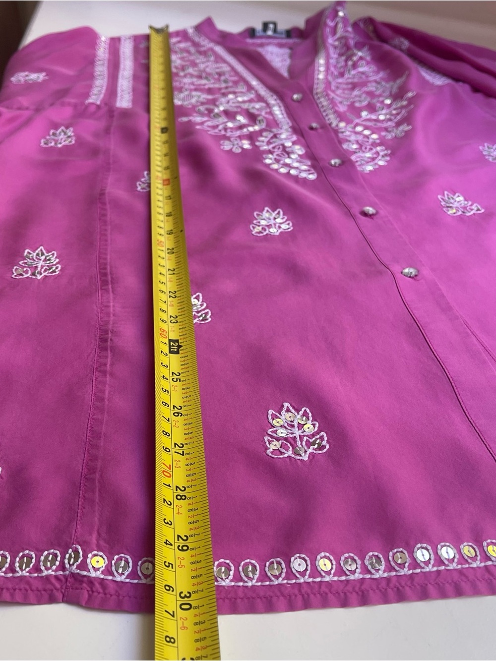 GO Silk 100% Silk Tunic Blouse Mandarin V-Neck Button Down Sequins Embroidered - Picture 14 of 16